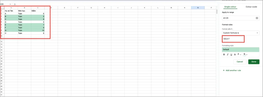 Định dạng có điều kiện trên toàn bộ hàng trong Google Sheets