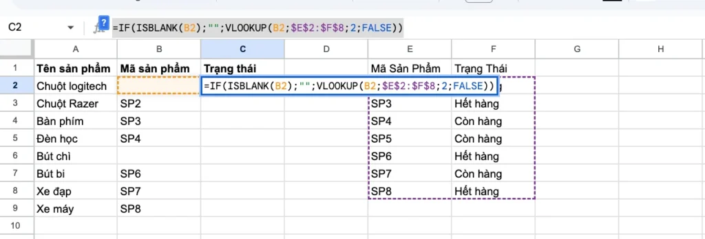 Hàm ISBLANK kết hợp VLOOKUP trong Google Sheets