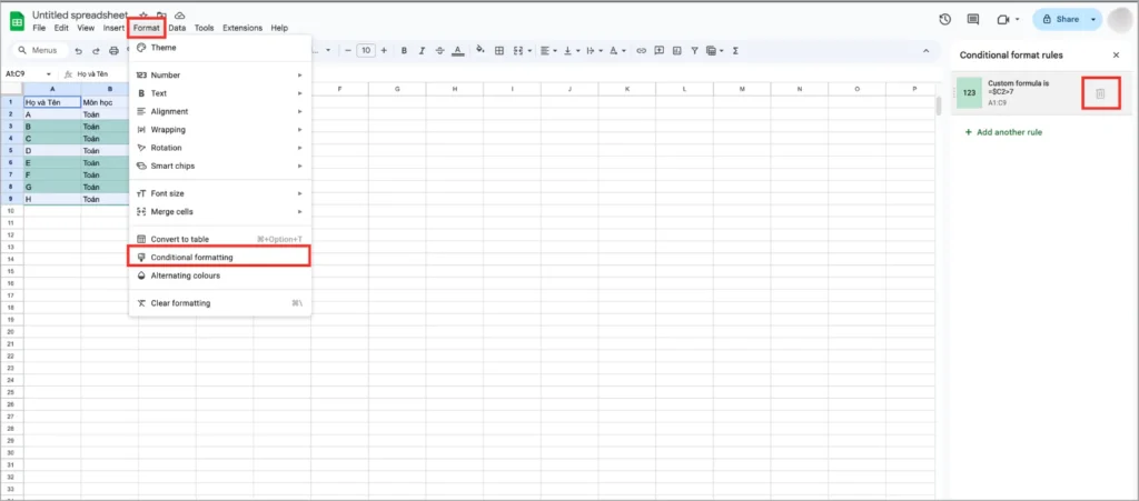 Hướng dẫn xóa Conditional Formatting trong Google Sheets