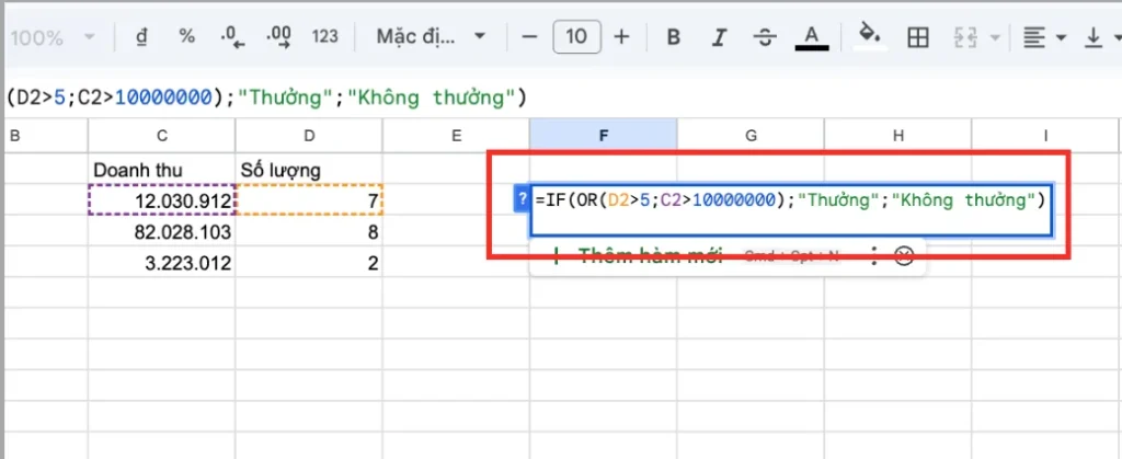 Kết hợp hàm OR với IF trong Google Sheets