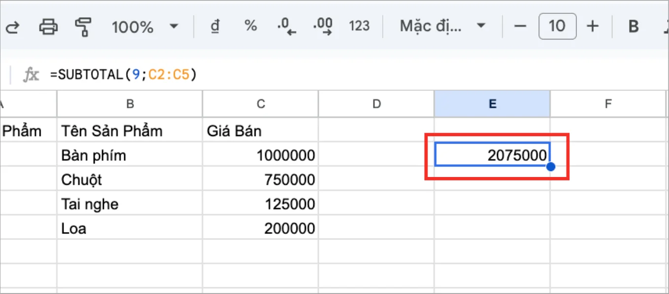 Cách dùng hàm SUBTOTAL trong Google Sheets để tính tổng