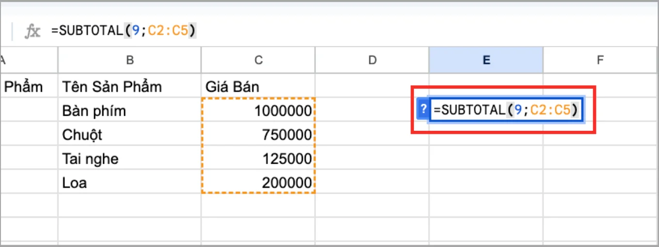 Cách dùng hàm SUBTOTAL trong Google Sheets để tính tổng