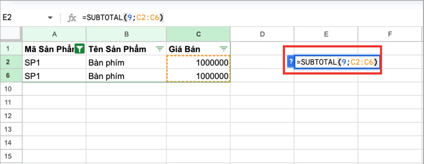 Cách dùng hàm SUBTOTAL trong Google Sheets để tính tổng