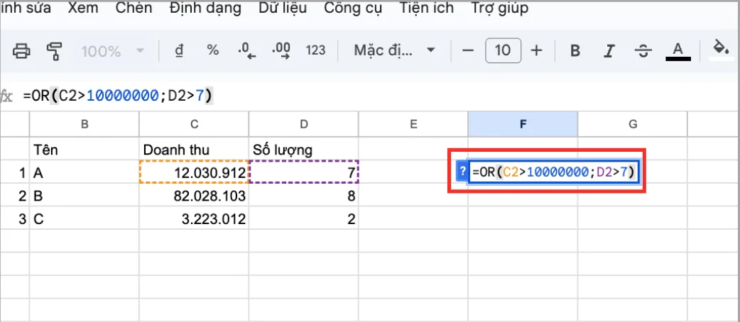 Cách sử dụng hàm OR trong Google Sheets chi tiết