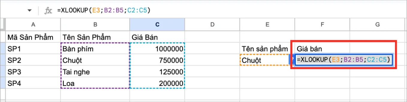 Hướng dẫn sử dụng hàm XLOOKUP trong Google Sheets