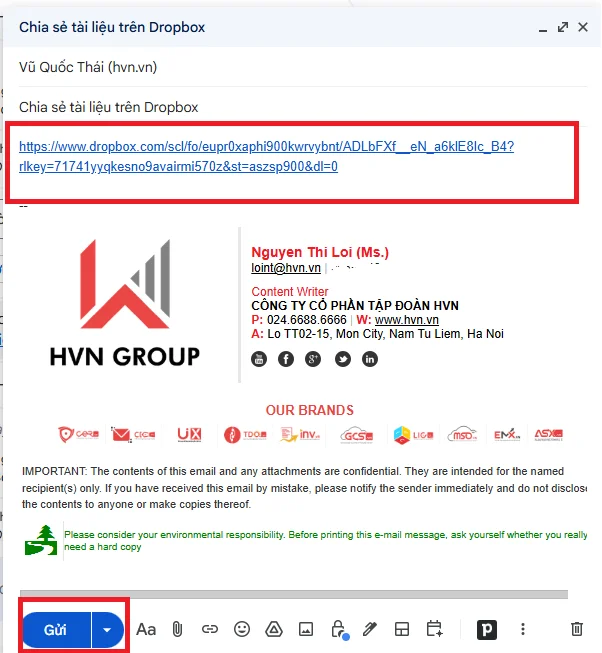 Cách gửi folder qua Gmail Dropbox