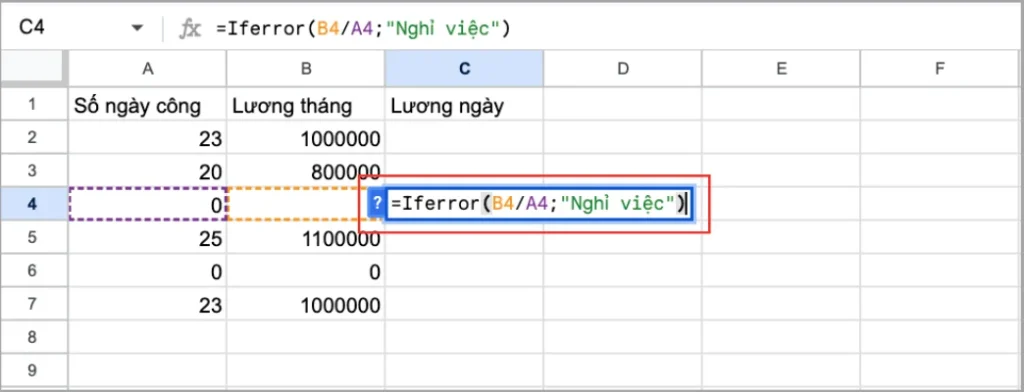 Cách dùng hàm IFERROR trong Google Sheets