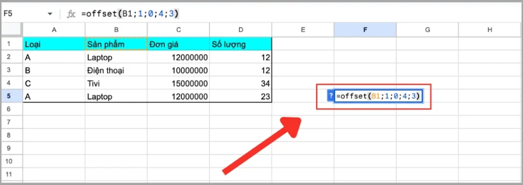 Cách dùng hàm OFFSET trong Google Sheets