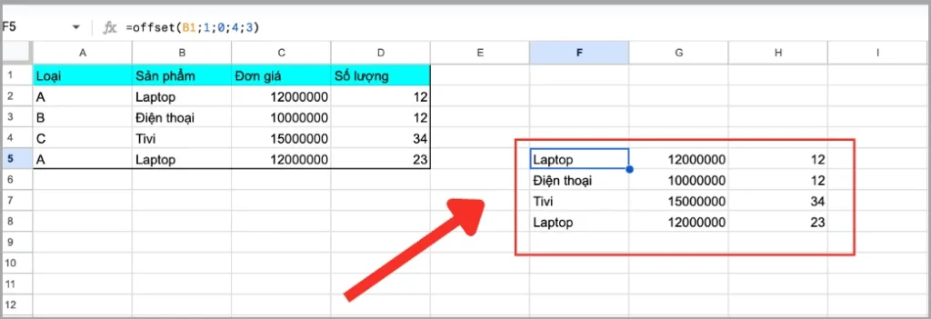 Cách dùng hàm OFFSET trong Google Sheets