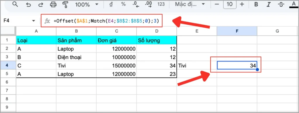 Cách kết hợp hàm OFFSET kết hợp MATCH