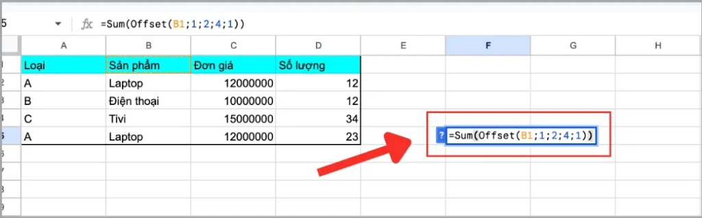 Cách sử dụng hàm OFFSET kết hợp SUM
