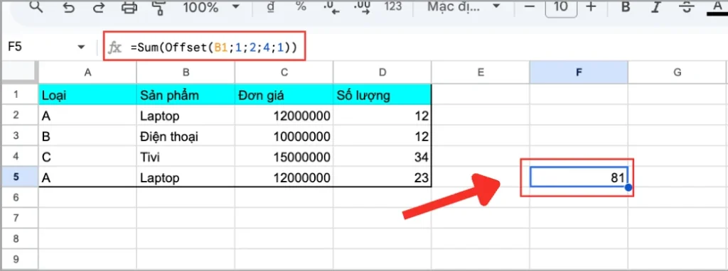 Cách sử dụng hàm OFFSET kết hợp SUM