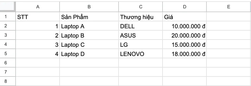 Công thức hàm INDEX MATCH trong Google Sheets