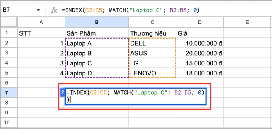 Công thức hàm INDEX MATCH trong Google Sheets