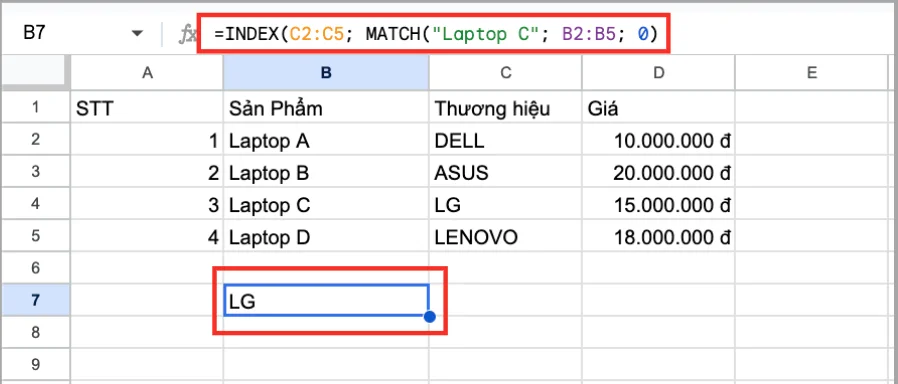 Công thức hàm INDEX MATCH trong Google Sheets