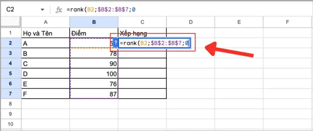 Cú pháp và cách sử dụng hàm RANK trong Google Sheets