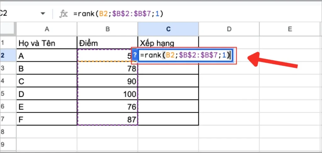 Cú pháp và cách sử dụng hàm RANK trong Google Sheets