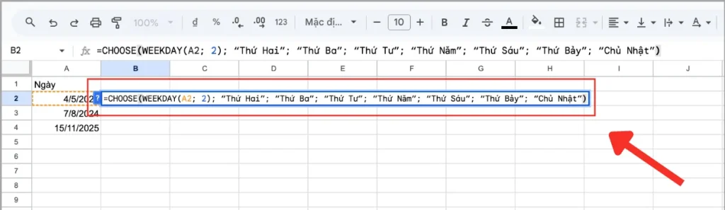 Dùng hàm CHOOSE + WEEKDAY để hiện thứ trong Google Sheets