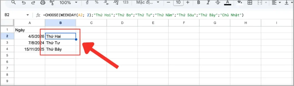 Dùng hàm CHOOSE + WEEKDAY để hiện thứ trong Google Sheets
