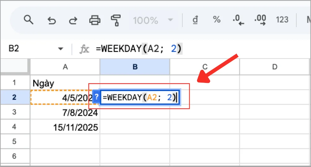 Hướng dẫn sử dụng hàm thứ trong Google Sheets 