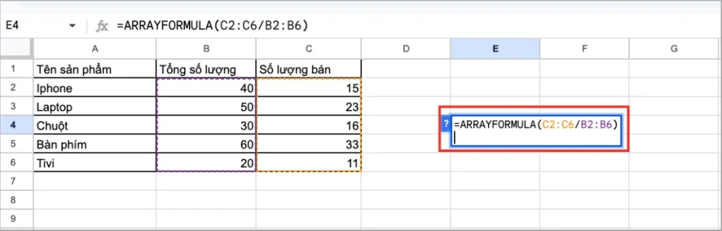 Hướng dẫn sử dụng hàm chia trong Google Sheets nâng cao