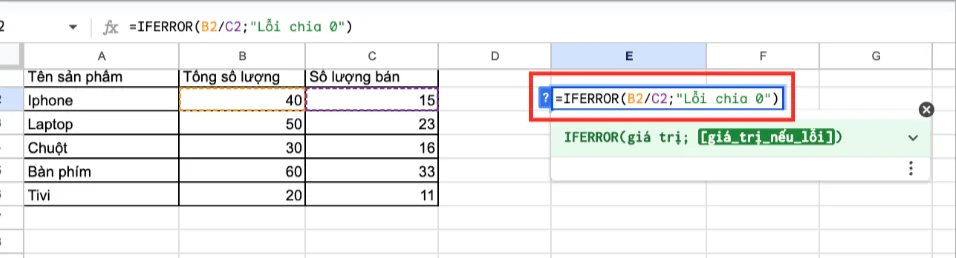 Hướng dẫn sử dụng hàm chia trong Google Sheets nâng cao