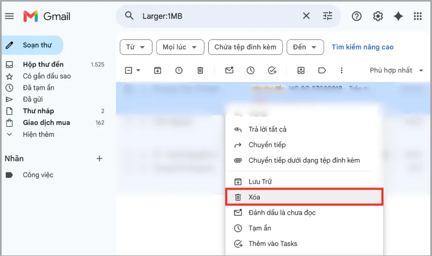 Tìm kiếm File kích thước lớn trong Gmail để xoá