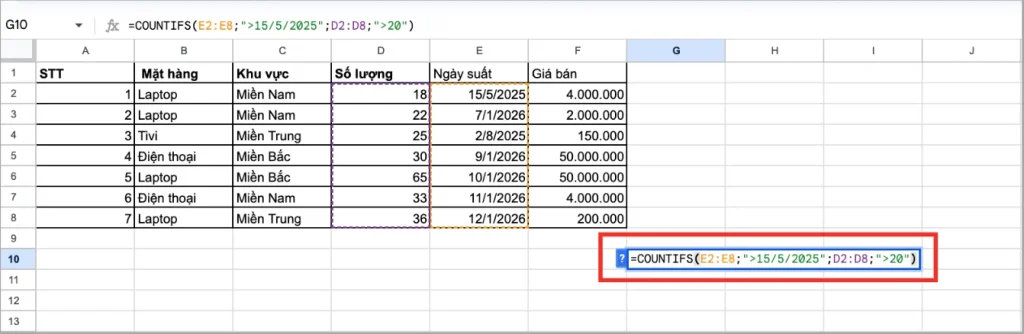 Cách dùng hàm COUNTIFS trong Google Sheets