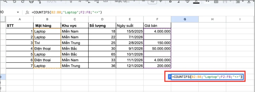 Cách dùng hàm COUNTIFS trong Google Sheets