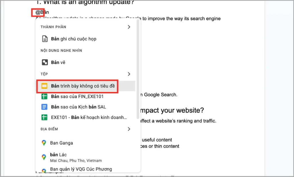 Nhúng Google Slides vào Google Docs bằng tính năng @mention
